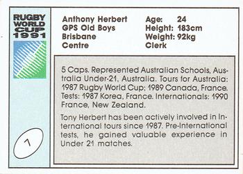 1991 Regina Rugby World Cup #7 Anthony Herbert Back